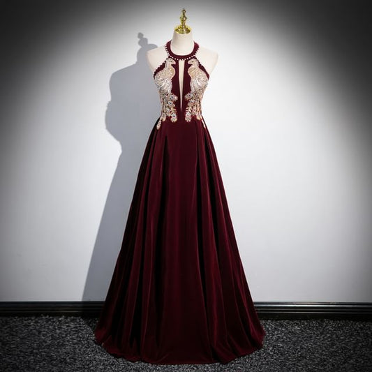 Halter Neck Velvet A-Line Evening Gown