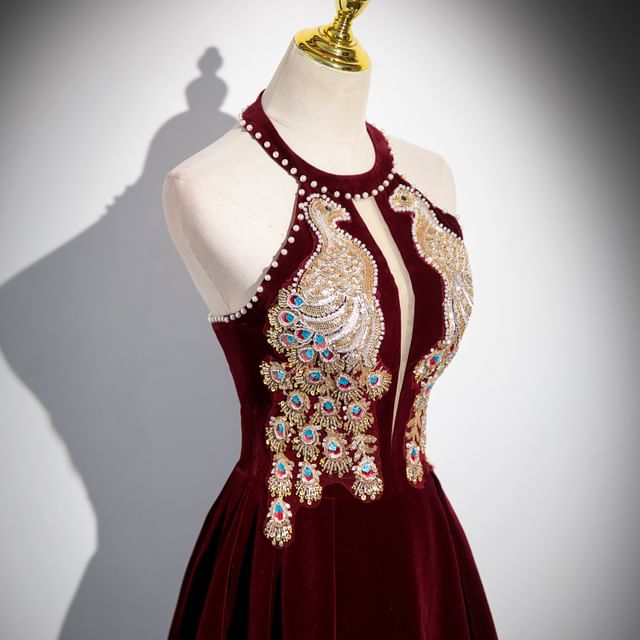 Halter Neck Velvet A-Line Evening Gown