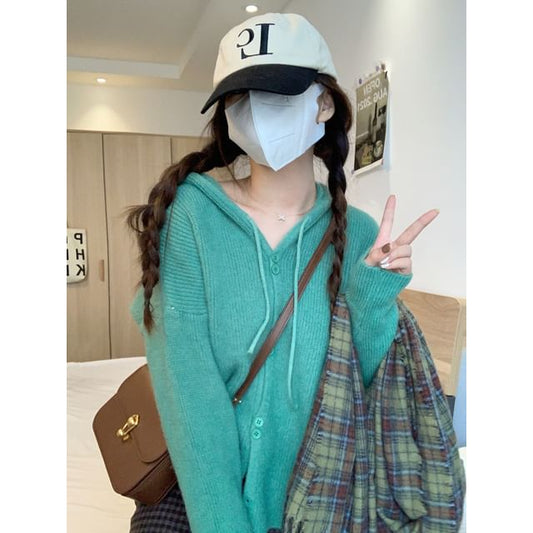 Hooded Cardigan Button-Up Plain