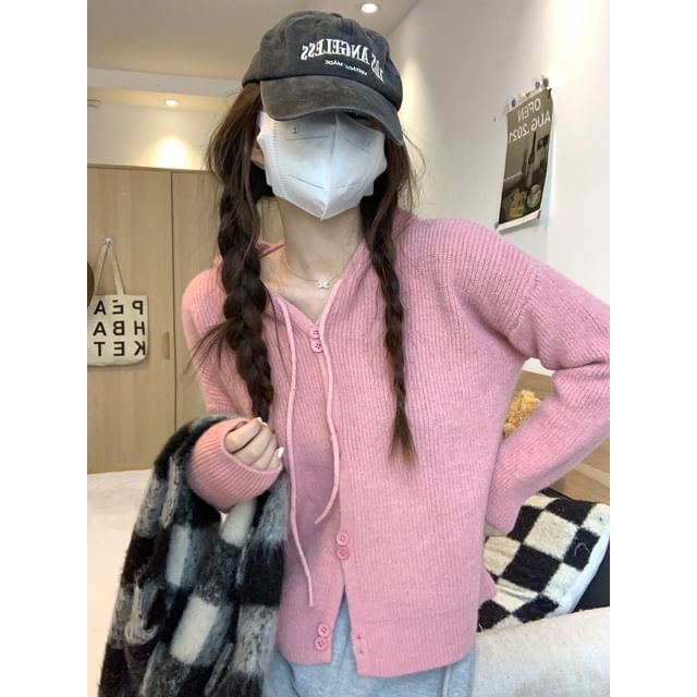 Hooded Cardigan Button-Up Plain