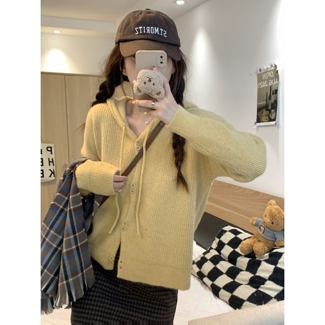 Hooded Cardigan Button-Up Plain