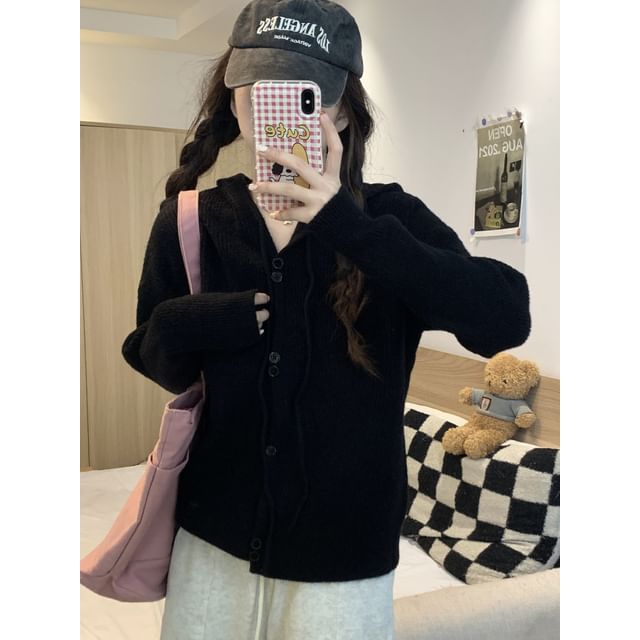 Hooded Cardigan Button-Up Plain