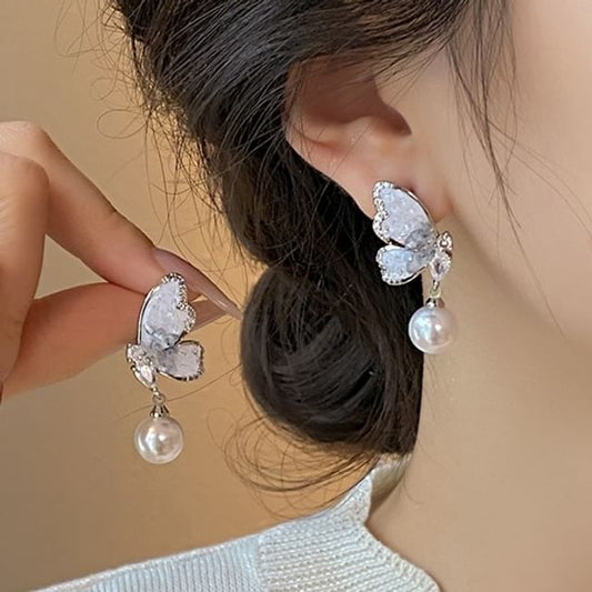 Butterfly Pearl Earring Alloy Faux Crystal Drop