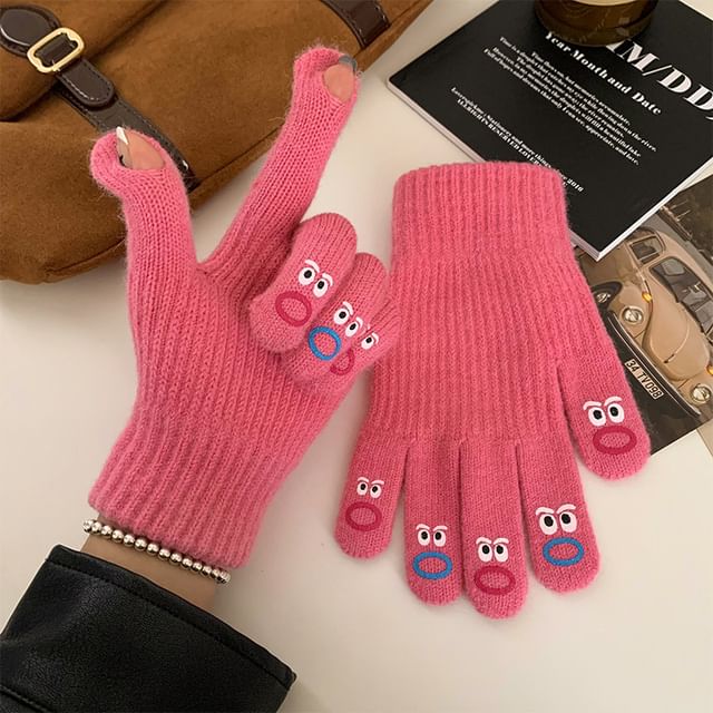 Knit Cartoon Print Touchscreen Gloves