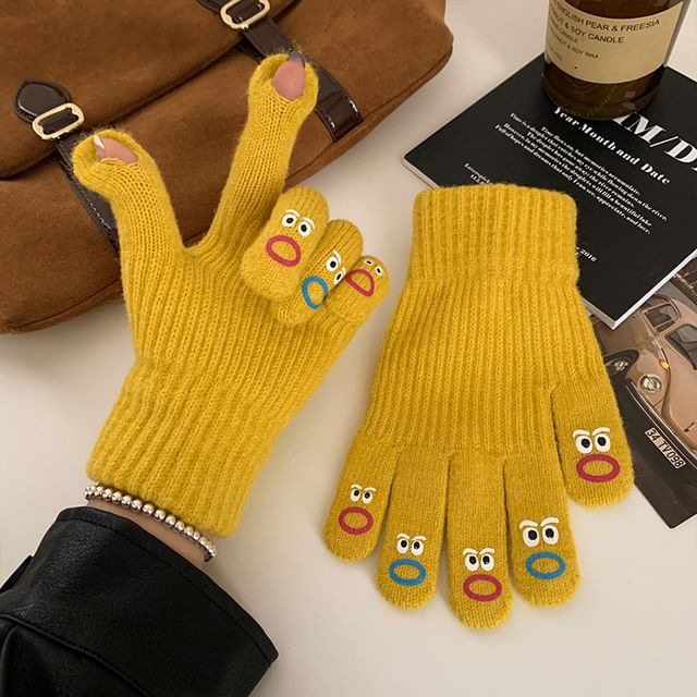 Knit Cartoon Print Touchscreen Gloves