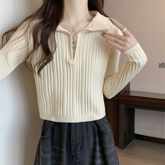 Plain Half Zip Long-Sleeve Mock-Neck Slim-Fit Knit Top