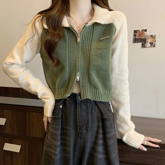 Zip Polo Two-Tone Cardigan