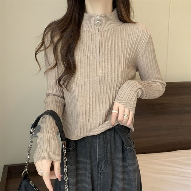 Plain Half Zip Long-Sleeve Mock-Neck Slim-Fit Knit Top