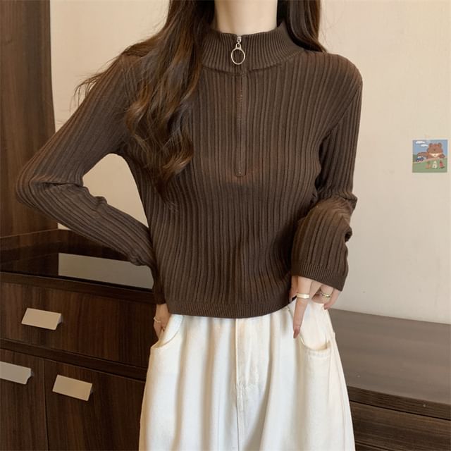 Plain Half Zip Long-Sleeve Mock-Neck Slim-Fit Knit Top