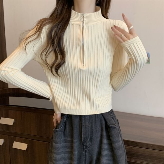 Plain Half Zip Long-Sleeve Mock-Neck Slim-Fit Knit Top