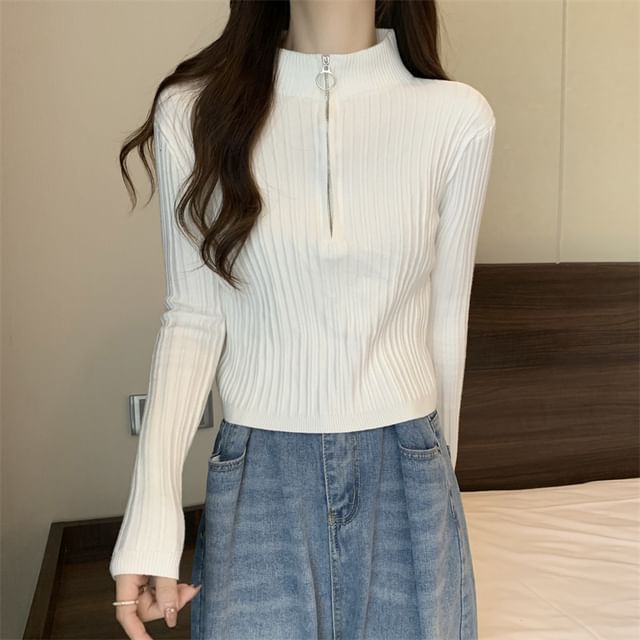 Plain Half Zip Long-Sleeve Mock-Neck Slim-Fit Knit Top