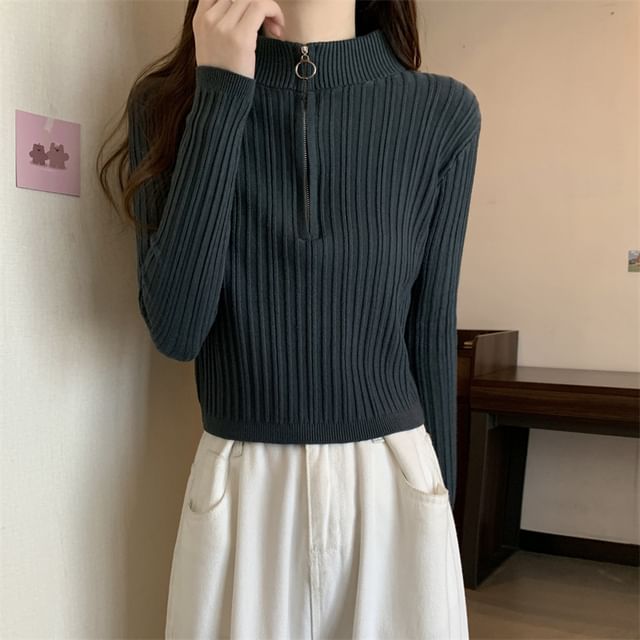 Plain Half Zip Long-Sleeve Mock-Neck Slim-Fit Knit Top