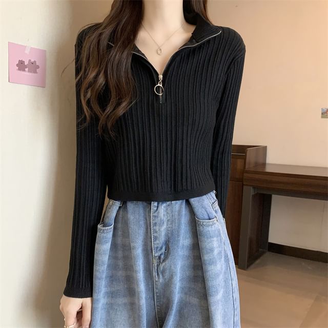 Plain Half Zip Long-Sleeve Mock-Neck Slim-Fit Knit Top