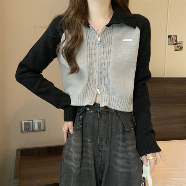 Zip Polo Two-Tone Cardigan