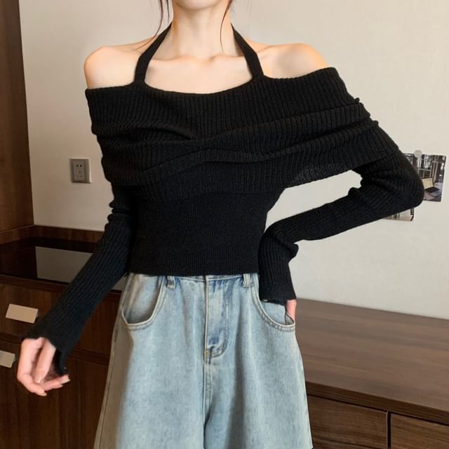 Off-Shoulder Long-Sleeve Sweater Halter