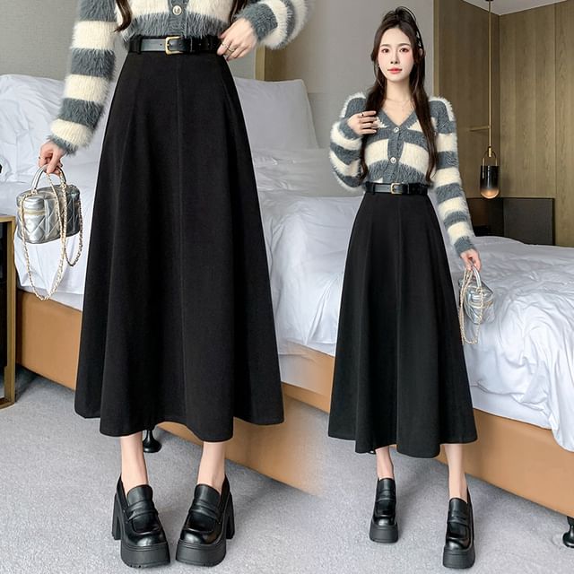 High-Waist Plain Woolen A-Line Skirt