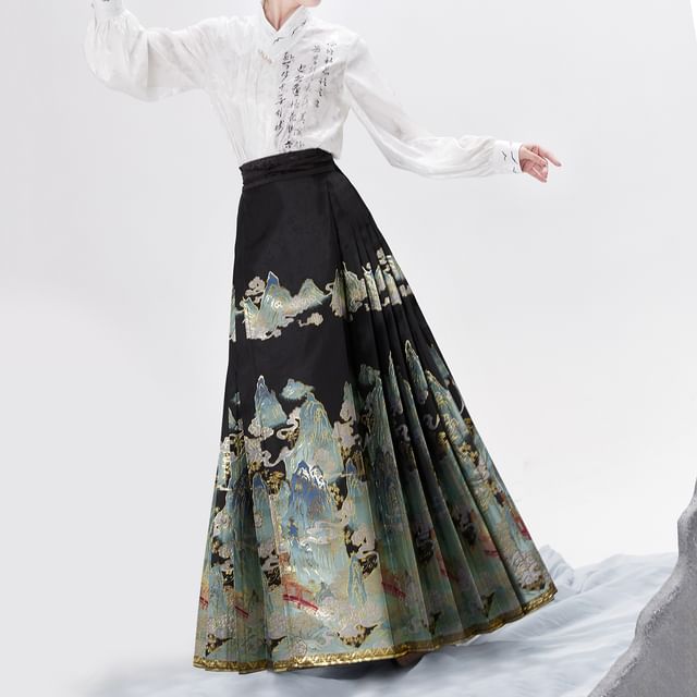 Traditional Chinese Long-Sleeve Print Shirt / High Waist Pleated Skirt