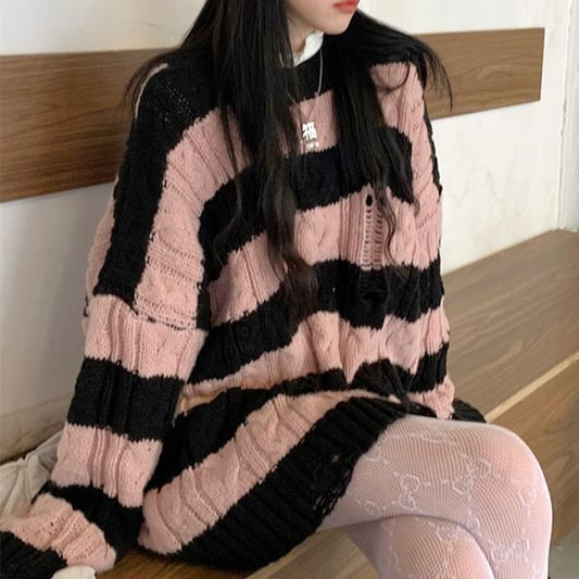 Neck Striped Sweater Knit Crew Distressed Cable