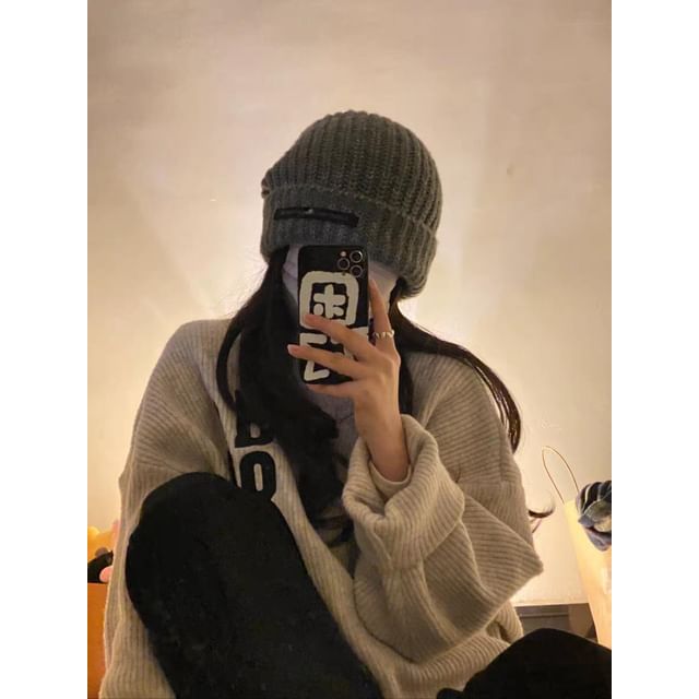 Lettering Knit Applique Beanie