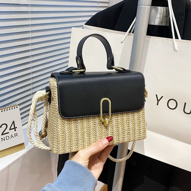 Leather Panel Woven Crossbody Faux Bag