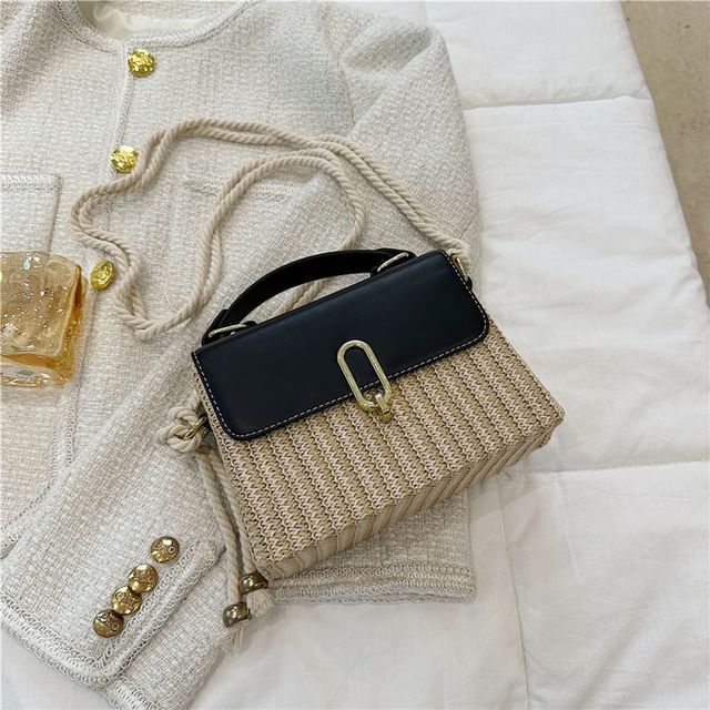 Leather Panel Woven Crossbody Faux Bag