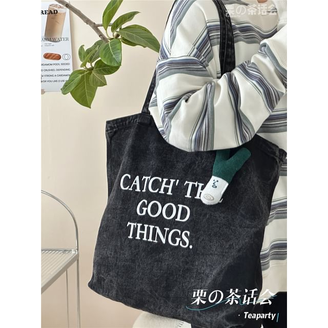 Washed Lettering Denim Tote Bag / Charm / Set