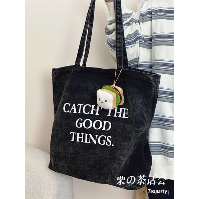 Washed Lettering Denim Tote Bag / Charm / Set