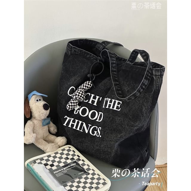 Washed Lettering Denim Tote Bag / Charm / Set