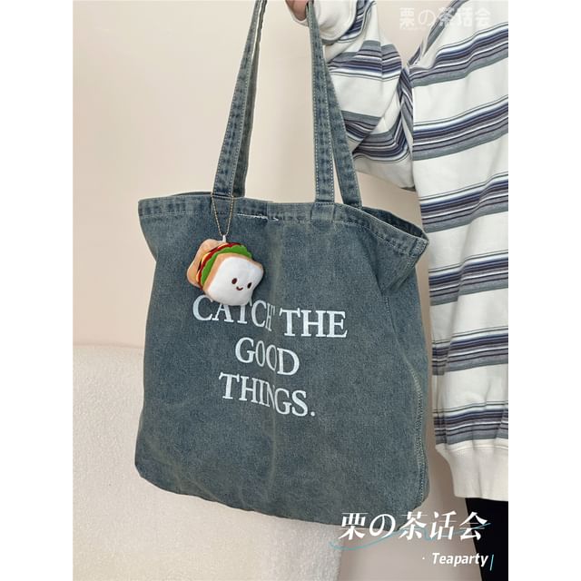 Washed Lettering Denim Tote Bag / Charm / Set