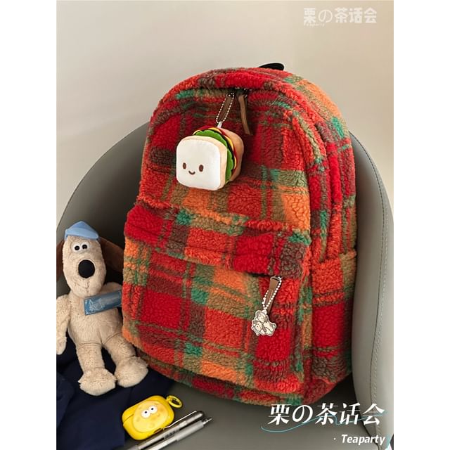 faux Shearling Plaid Backpack / Charm / Set