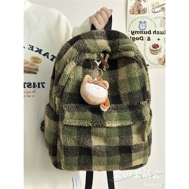 faux Shearling Plaid Backpack / Charm / Set