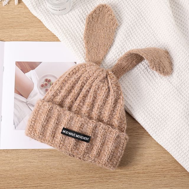 Beanie Ear Applique Lettering Knit Rabbit