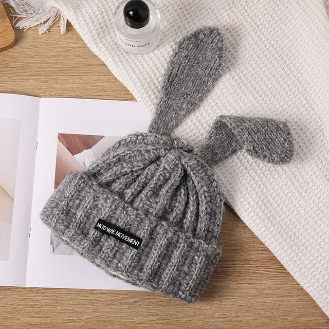 Beanie Ear Applique Lettering Knit Rabbit