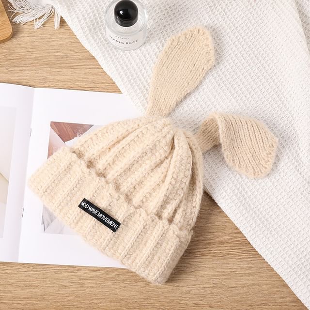 Beanie Ear Applique Lettering Knit Rabbit