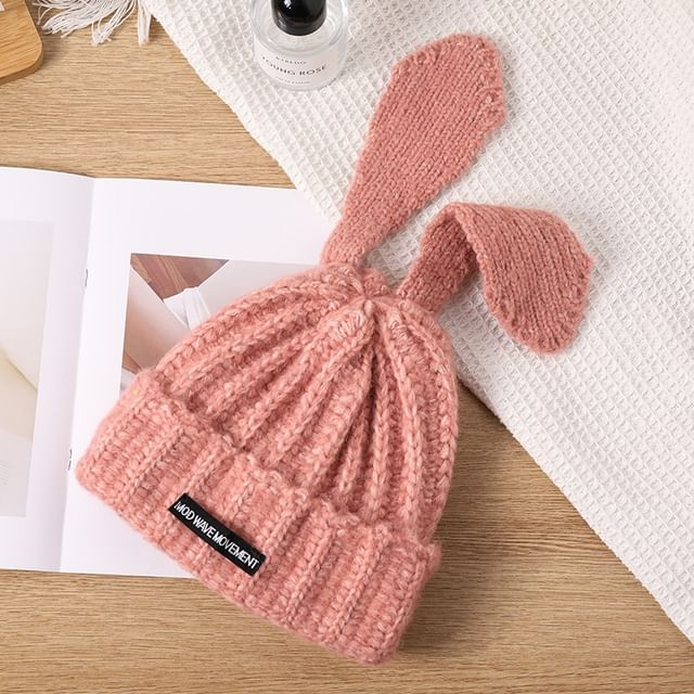 Beanie Ear Applique Lettering Knit Rabbit