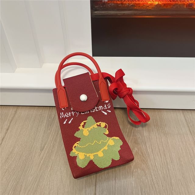 Christmas Print Knit Mobile Phone Crossbody Bag