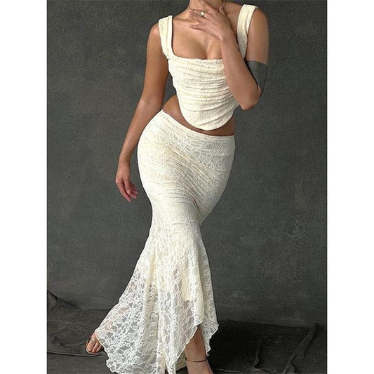 Mermaid High Maxi Square Plain Tank Skirt / Waist Lace Top Crop Neck