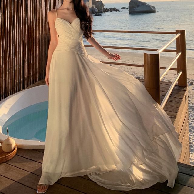 Maxi Dress Neckline A-Line Spaghetti Sweetheart Plain Strap