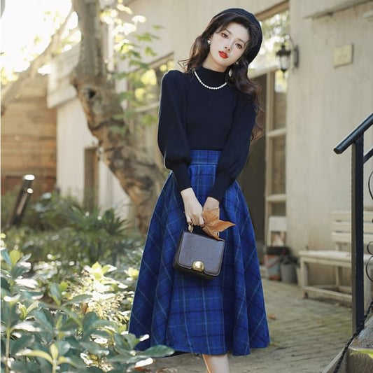 Balloon Sleeve Mock Neck Plain Sweater / High Waist Plaid Midi A