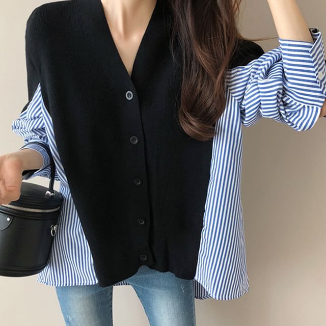 V-Neck Striped Panel Cardigan