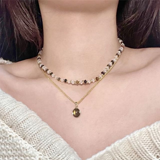 Layered Beaded Gemstone Pendant Necklace