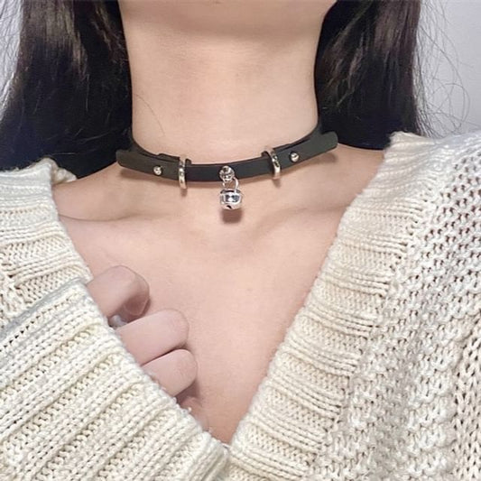 Choker Bell Leather Faux Pendant