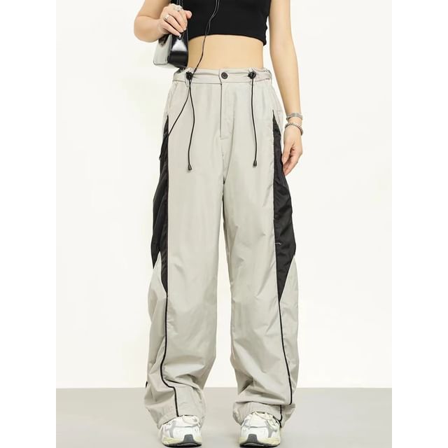 High Waist Color-Block Loose-Fit Wide-Leg Sweatpants