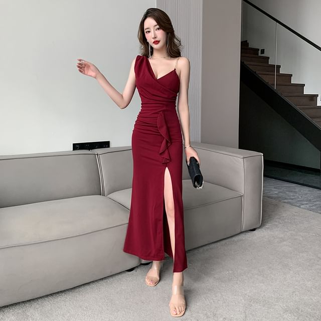 Spaghetti Strap V-Neck Plain Slit Maxi Sheath Dress