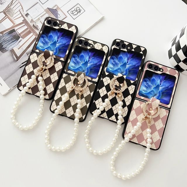 Phone Strap Pearl Faux Argyle Case
