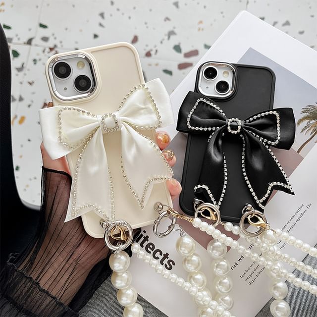 Faux Lanyard Pearl Bow Phone Case