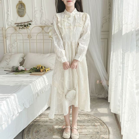 Long-Sleeve Mandarin Collar Plain Ruffle Frog Closure Midi A-Line Dress