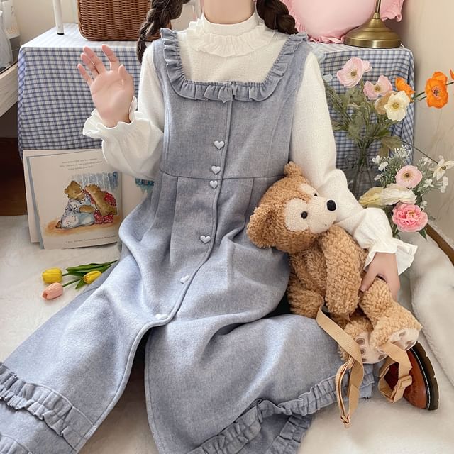 Long-Sleeve Mock Neck Plain Ruffle Top / Square Neck Plain Ruffle Heart Button Midi A-Line Overall Dress