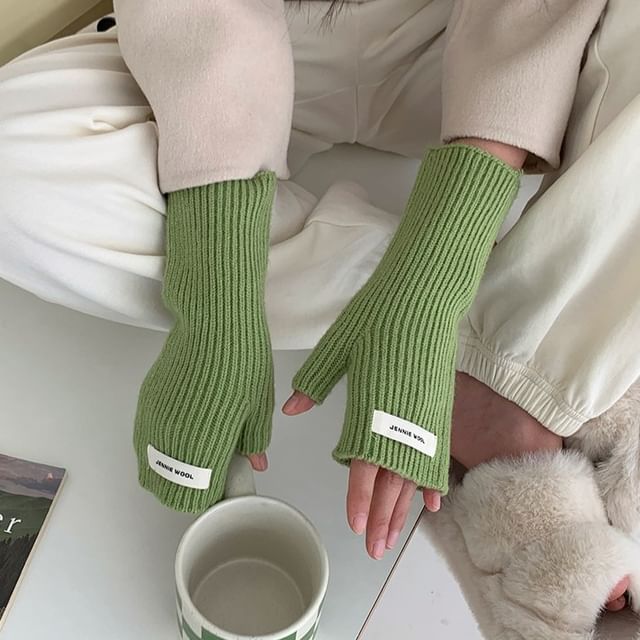 Knit Plain Ribbed Fingerless Gloves