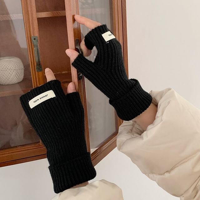 Knit Plain Ribbed Fingerless Gloves
